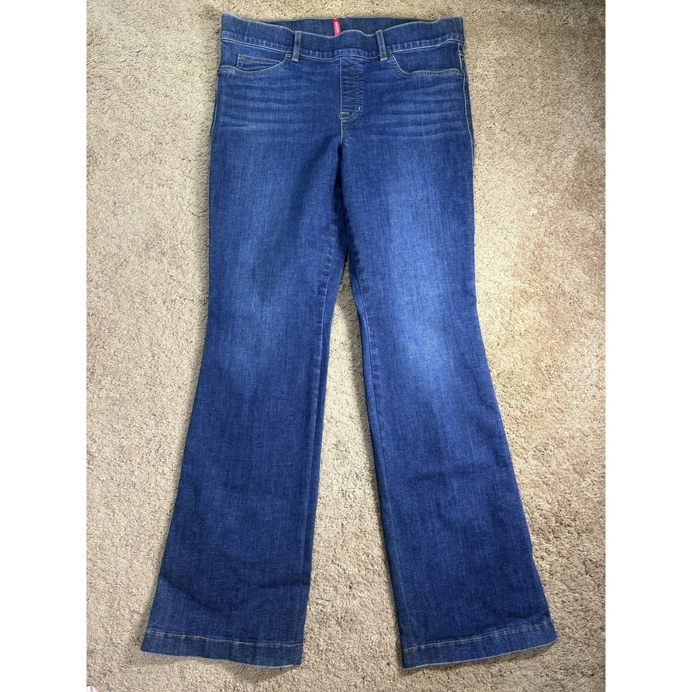 Spanx Pull On Flare Jeans Women XL Midnight Shade Blue Denim Stretch Boho